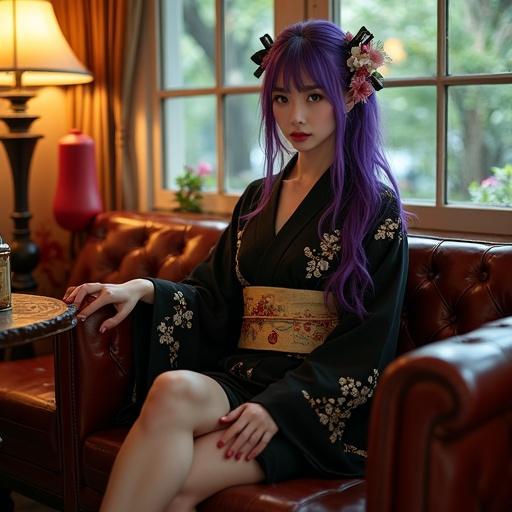 A woman with long violet hair wearing a black kimono sits gracefully on a vintage leather sofa. She has piercing violet eyes and exudes a mysterious charm. The interior features a cozy retro lounge setting with warm lighting and antique decor. A table beside her holds a bottle of alcohol with Japanese writing and a serene view of trees is visible through the window.