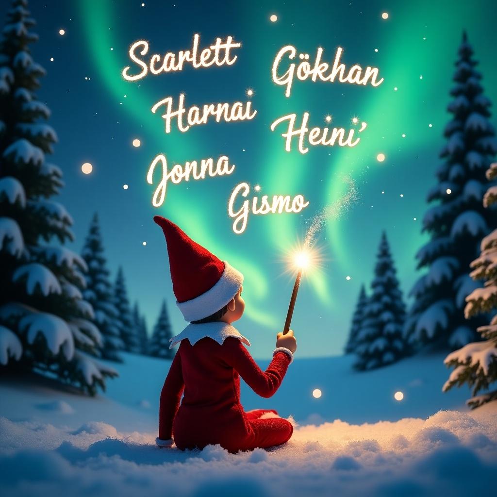 The image features an adorable elf on the shelf sitting in a snowy landscape. The elf is turned away from the viewer, gazing up at a spectacular display of northern lights. With a magical wand in hand, the elf writes names in the sky, creating a sense of enchantment. The background is filled with tall evergreen trees dusted in snow. Names like 'Scarlett', 'Gökhan', 'Heidi', 'Jonna', and 'Gismo' glow in sparkling light above, enhancing the festive atmosphere. This whimsical scene captures the true magic of Christmas in a winter wonderland setting.