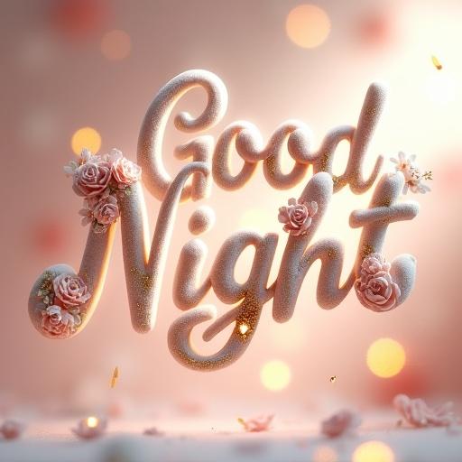 3D render features 'Good Night' in a swirling motion. Soft blurred backdrop. Crafted from plush white felt. Adorned with rose and peony patterns. Illuminated with subtle white accents. Background transitions from ivory to pale blush. Surrounded by shimmering gold dust. Soft bokeh lights enhance atmosphere.