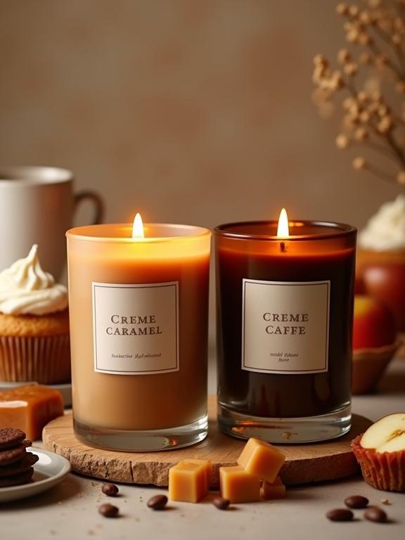 Professional product photograph for a luxury scented candle collection. Two large glass jar candles labeled ‘Crème Caramel’ and ‘Crème Café’ centered in frame. Surrounded by caramel cubes, toffee, whipped cream, cupcakes, cappuccino, coffee beans, and caramel apples. Soft blurred background. High texture fidelity and natural shadows.