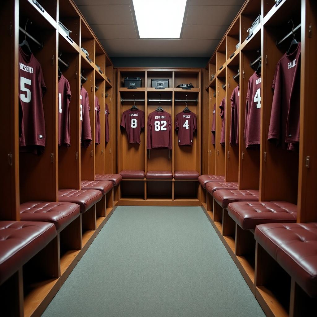 Top-down view of a football locker room with neatly arranged lockers and jerseys hanging. The room has a clean, modern aesthetic with maroon and brown colors. Bright lighting illuminates the space.