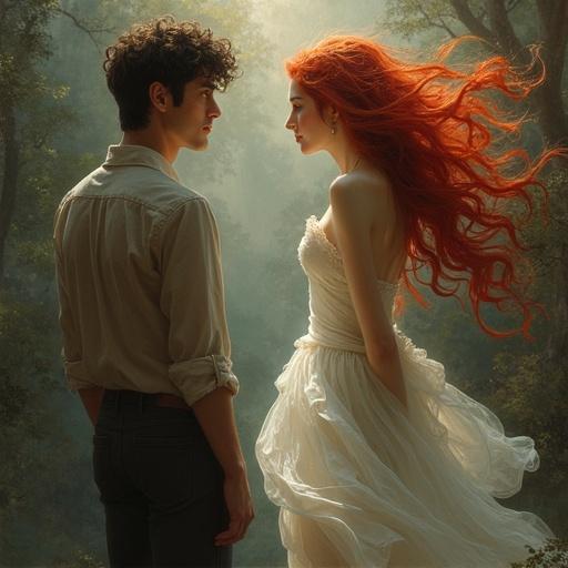 Semi-realistic illustration of a man gazing at a woman with golden hair in a fantasy world.