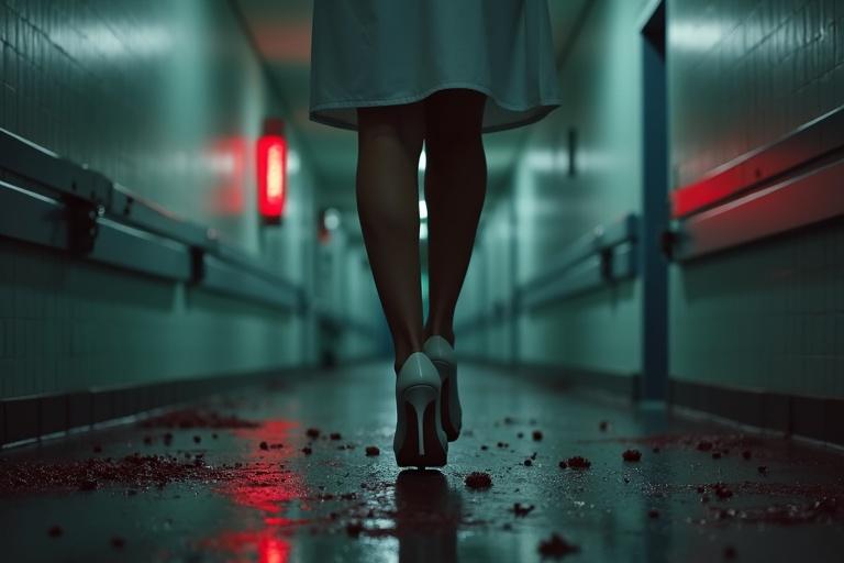 A low-angle close-up captures the steady stride of a doctor. She walks through a dark corridor with flickering lights. Glass is scattered on blood-stained tiles. Her white heels step carefully. A high slit dress shifts slightly with urgency. The contrast between her calm presence and the chaos highlights resilience in a crisis.