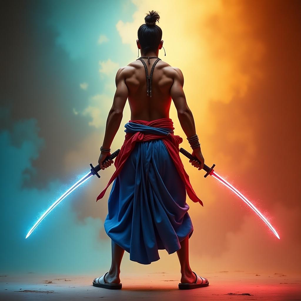 Image shows a fit Indian warrior in dramatic pose holding katanas in each hand. He wears a samurai-style shirt and a dhoti in vibrant blue and red shades. He stands confidently with white crocs or flip-flops. Background has a colorful gradient of orange and turquoise. The scene emphasizes intensity and strength.