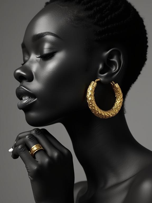 A black woman wears gold hoop earrings. Short hair with braids. Hand placed on the side of her neck. Showing a ring. Black and white photo with only jewelry in gold. Model for Loewe jewellery campaign.