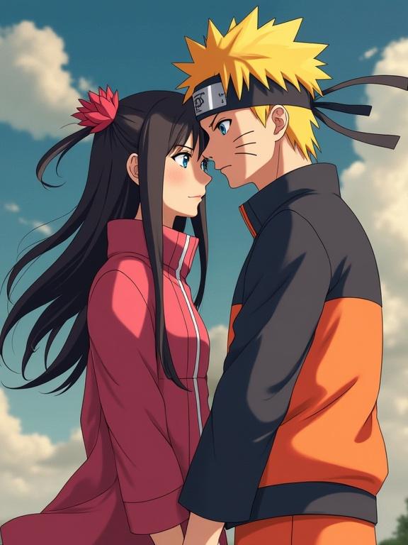 Hinata and Naruto standing close with a romantic expression. Hinata wearing a pink jacket. Naruto in an orange and black outfit. Background shows a blue sky with clouds.