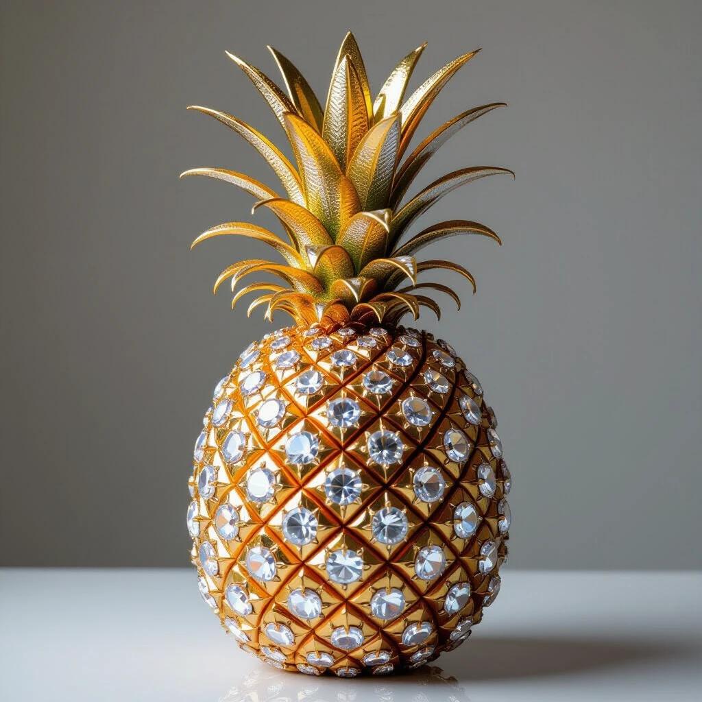 Pineapple shaped object covered in crystals. Golden pineapple with sparkling gems. Pineapple art piece on a white surface. Soft lighting enhances crystal reflections. Unique design combines fruit and luxury elements.