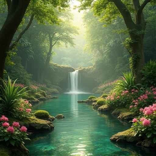Lush garden landscape featuring a clear turquoise pool with a waterfall surrounded by vibrant flowers and dense trees. Emphasis on tranquility and natural beauty.