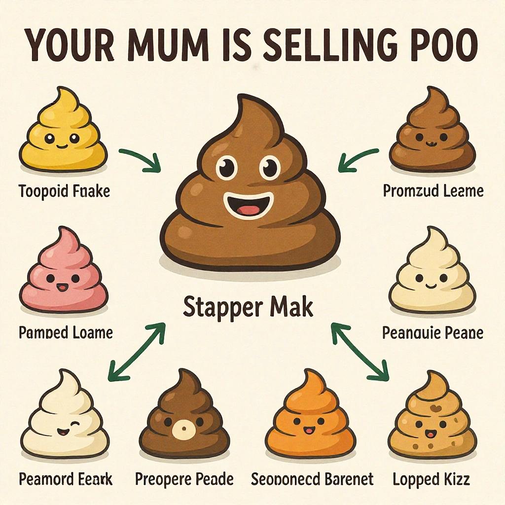 Cartoonish characters having various types of poop. Central character is a smiling brown poop. Surrounding characters have different colors and expressions. Light-hearted and funny theme centered around selling poop.
