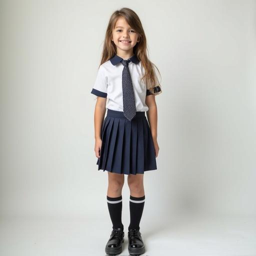 A young girl stands in a full body front view wearing a cute school uniform with a skirt and tie.
