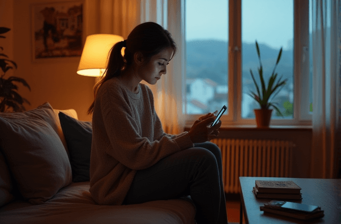 A woman is seated on a couch, focused on her smartphone, with a softly lit room and a window view in the background.