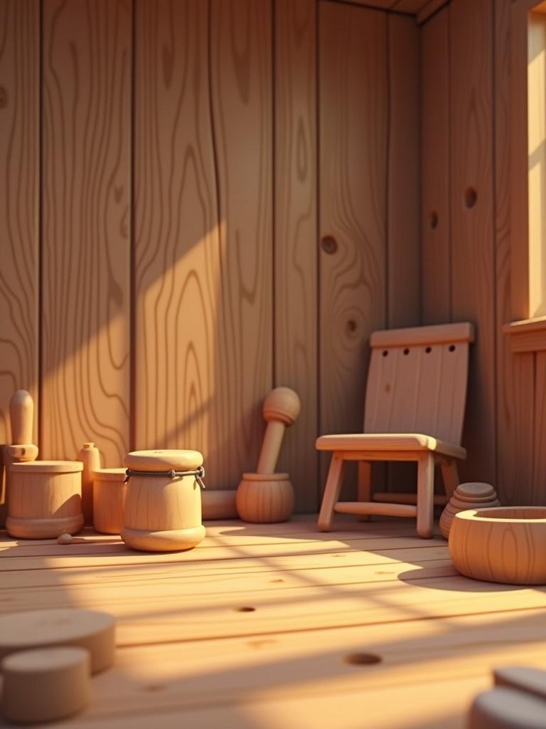 A cartoon-style illustration of a wooden workshop. The scene features a wooden floor and walls. Various wooden tools are scattered around. There is a simple wooden chair. Light streams in through a window, creating warm shadows.