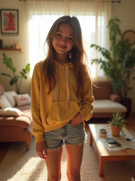 Full frame photo of a teenage girl in a yellow hoodie and micro shorts standing in a sunlit living room. The girl has a flirty smile and wears strappy sandals. Surrounded by houseplants and a cozy sofa, the photo captures a casual and youthful vibe in a modern home setting.