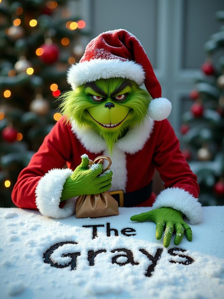 A hyper-realistic photo featuring the Grinch in a Santa Claus suit. The Grinch smirks while holding a bag. In front of a snow-covered table, he writes 'The Grays' in the snow. Behind him is a decorated Christmas tree.