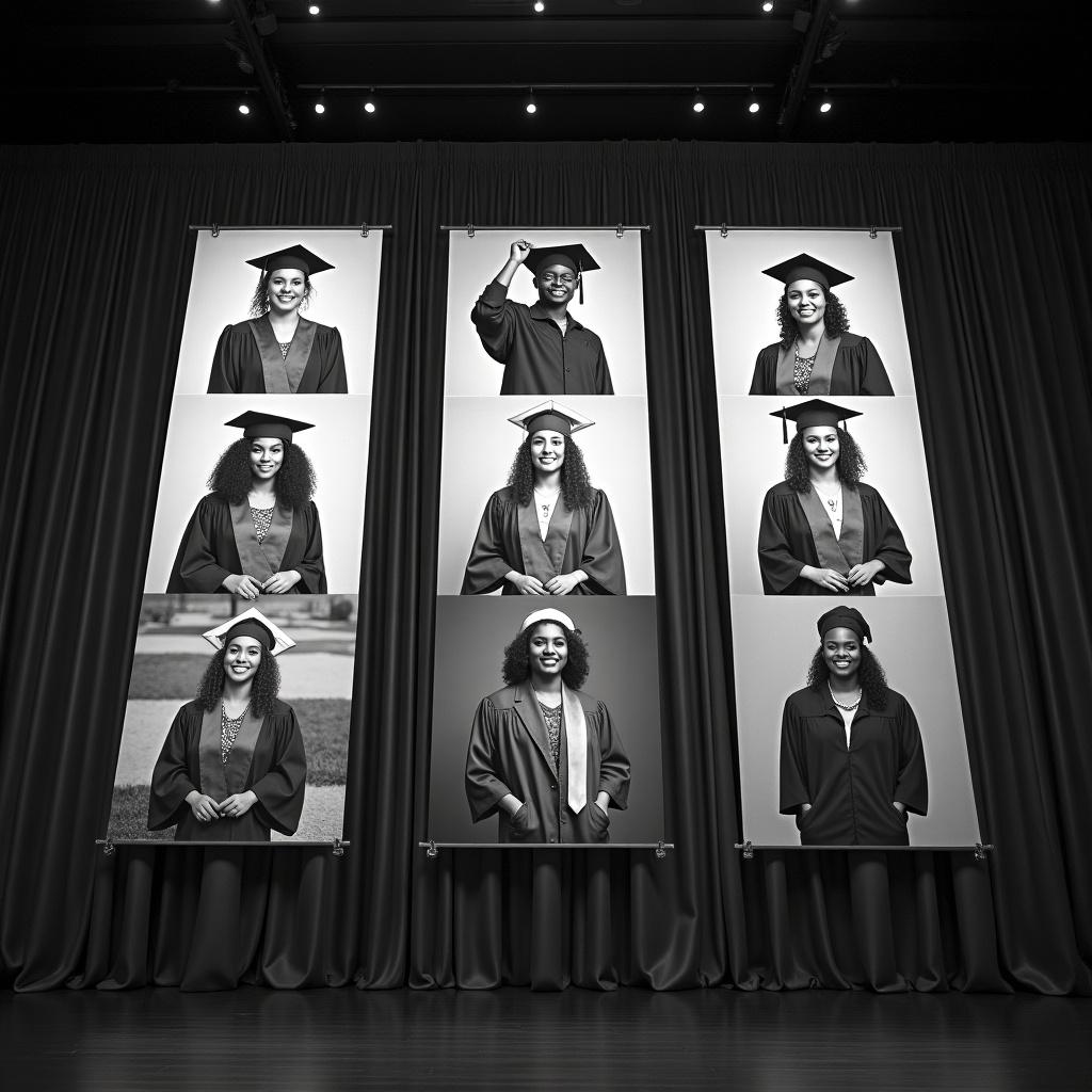 This image features a series of black and white portraits of African American graduates. The portraits are displayed floor to ceiling on elegant drapes. Each graduate is dressed in a graduation gown and cap, showcasing a variety of poses. Some graduates are smiling, while others have proud expressions. This artistic presentation highlights the achievements of these individuals during a significant life milestone. The monochrome effect gives the image a classic and timeless quality. The setting is suitable for graduation events or promotional materials celebrating academic success.