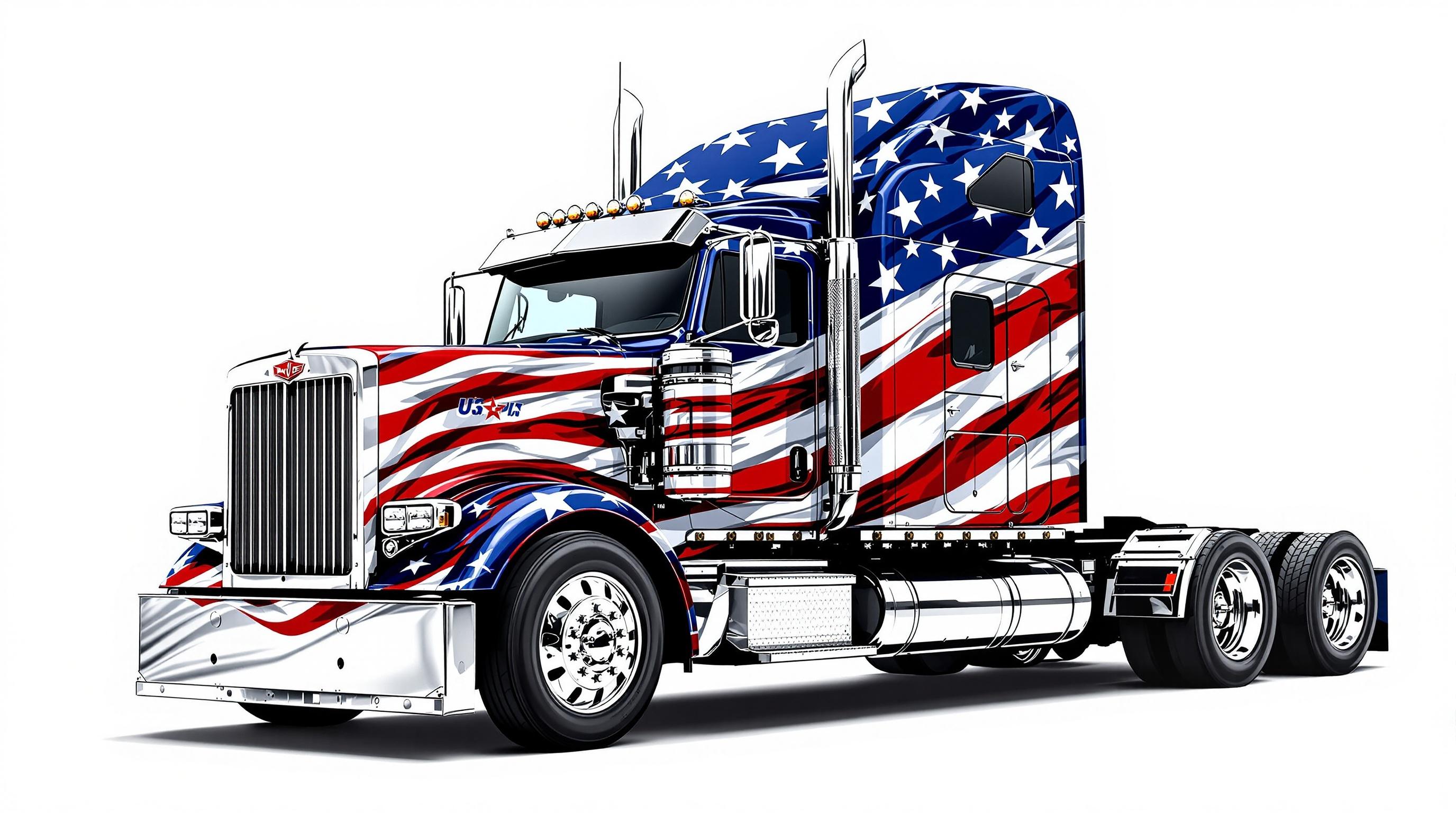 Artistic representation of a semi-truck embodying the American flag. The stripes of the flag transition into the truck's outline. Stars are included in the design. Colors are red, white, and blue. The design is balanced and clear.