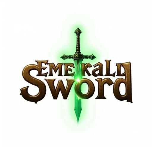 Logo design for a fantasy video game titled Emerald Sword. Medieval-style font used for text. Bright emerald-green sword with glowing blade. Text color warm brown with earthy tones. Clean white background. Visual style combines comic and anime aesthetics with illustrated look.