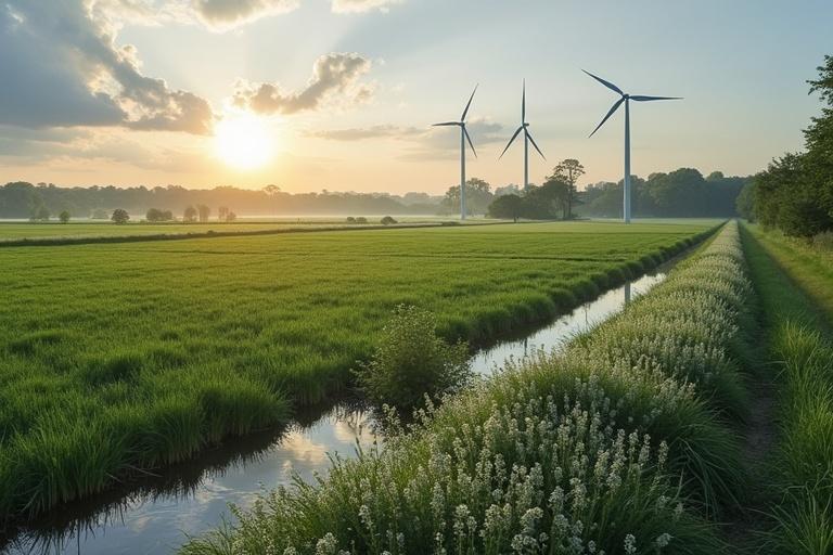 Scenic landscape in the Netherlands featuring wind turbines. Lush green fields surround a tranquil waterway. Sunrise casts a warm glow over the scene. Promotes climate adaptation and renewable energy.