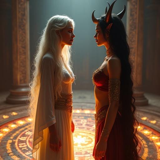 In a mystical setting, two women face each other. One is a beautiful summoner in white and silver robes with silver hair. The other is a seductive demoness in revealing red attire with black horns. A magical circle glows beneath them.