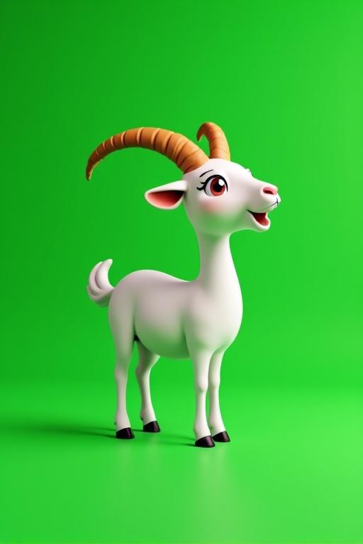 Cartoon 3D goat character with large horns. Goat has a happy expression. The background is a green screen for animation purposes.