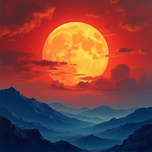 A golden moon rises against a dramatic red sky. Layered mountain silhouettes are visible in blue tones. The scene exudes a serene and enchanting atmosphere.