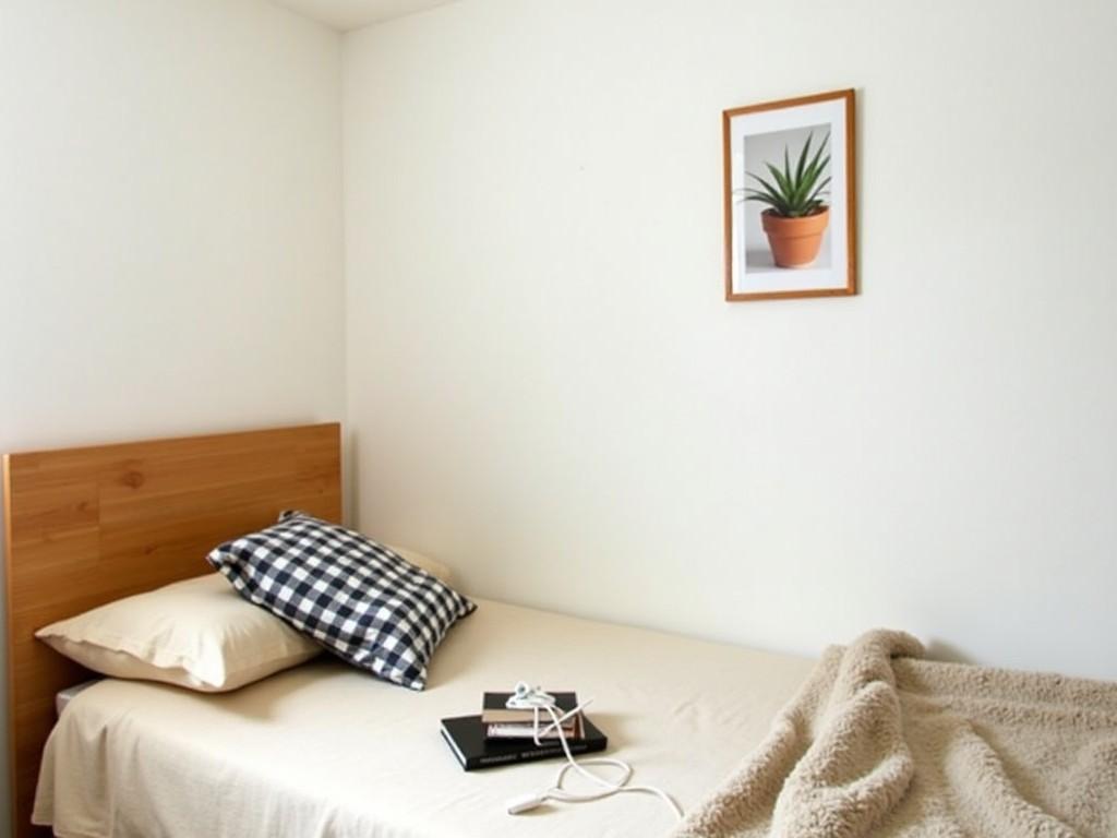 A minimalistic bedroom with a single bed, checkered pillow, plain bedsheets, a framed plant picture on the wall, and a few personal items on the bed.