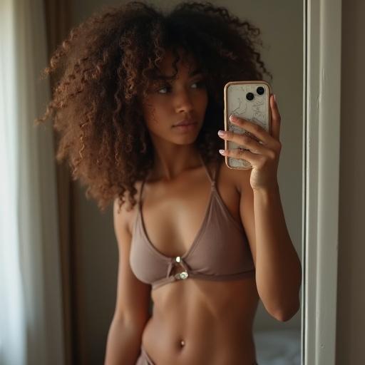 Girl with curly hair wearing bikini takes selfie in bedroom mirror. Realistic imperfections shown. Camera grain and slight motion blur present. Handheld photo with natural light and shadows.