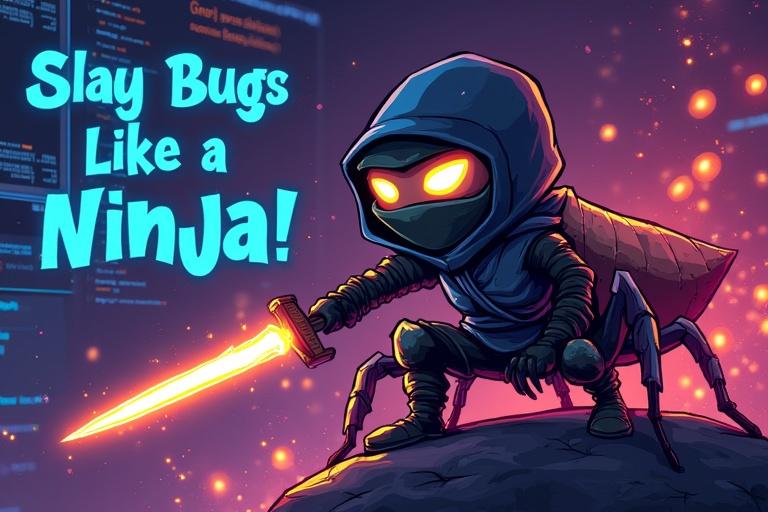 Cartoon image of a ninja atop a giant bug. Ninja wields a glowing sword. Background shows code and comic effects. Fun and adventurous mood.