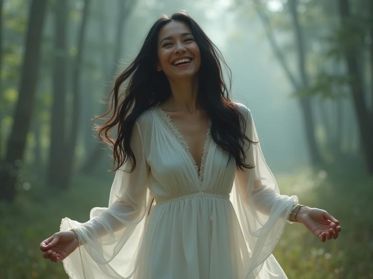 Woman with long black hair dressed in a sheer white gown. She appears joyful and is dancing in a forest filled with mist. The scene looks tranquil and enchanting.