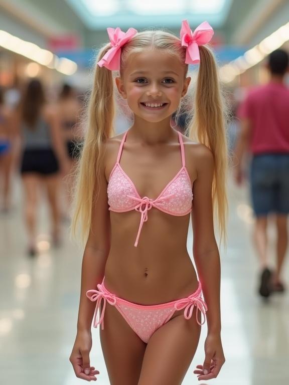 Photo of a child with long blonde hair styled in twin tails wearing pink bows. The child is walking in a mall wearing a pink bikini. The setting is crowded with shoppers. The child has a beautiful face and bright smile, showcasing youth and energy.