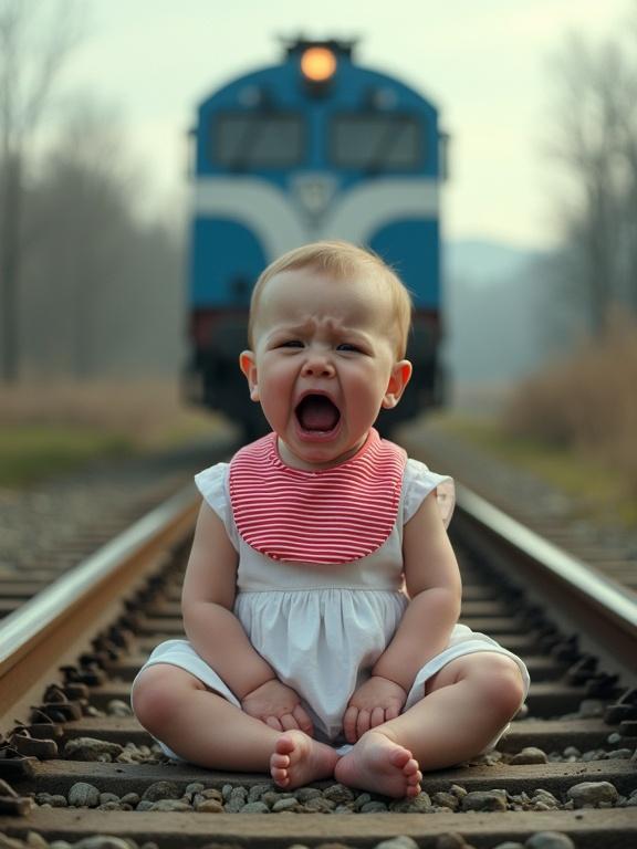 A baby sits on train tracks. The baby wears a red striped bib and white dress. The baby expresses distress and sobs. A large blue and white train approaches in the background. Bright lighting shows the baby's emotions. Softer tones create a warm ambiance. The image captures a sense of urgency and danger. This artwork features hyper-realistic details in a whimsical style.