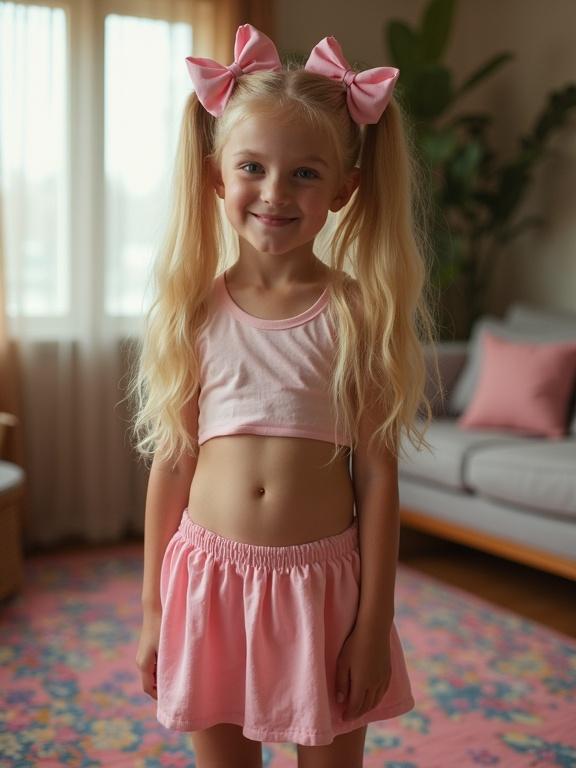 A young girl stands in a living room. She has long blonde hair styled in twin tails with pink bows. She wears a crop top and a very low-rise micro skirt. The room has a cozy atmosphere with a colorful rug and soft lighting. The girl's expression is cheerful and friendly.