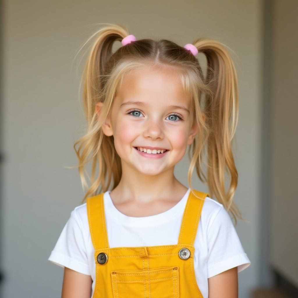 A girl of five years with blonde hair in pigtails wears a white t-shirt and a yellow overall dress. She has blue eyes and is smiling.