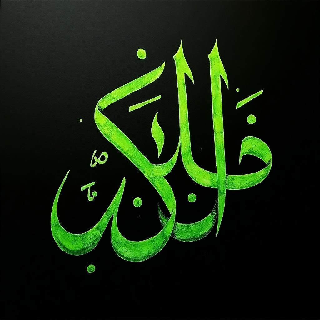 Fatima written in Arabic calligraphy. Bold green ink on black paper. Soft lighting enhances the strokes.