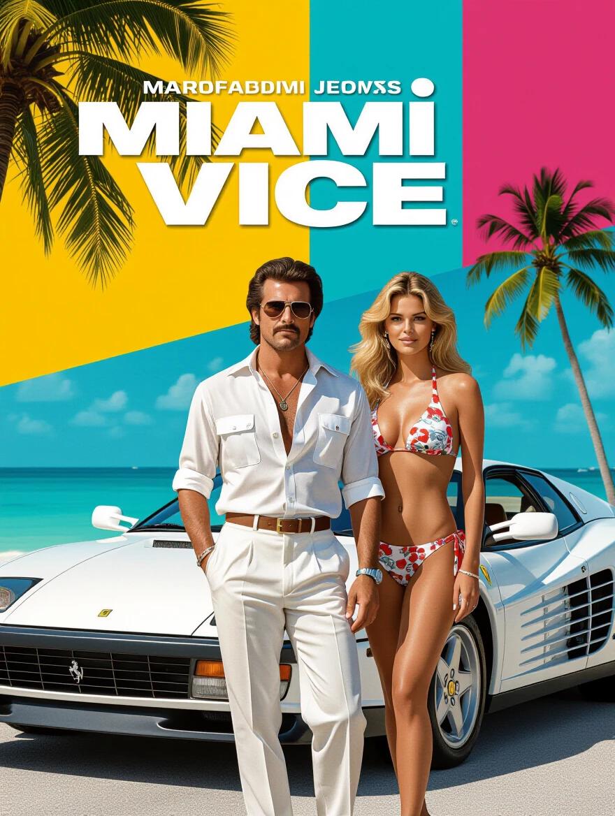 Film poster featuring Miami Vice. 1980s action movie style with vibrant colors. A man with long hair and a styled back look in white shirt and pants. Beside him a beautiful woman in a bikini. Ferrari Testarossa in the background. HDR and vibrant colors. Full-body. 3D effect.