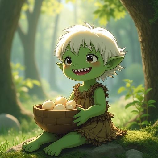 Anime-style girl sits in forest clearing on mossy rock. She has a round green face with fluffy white hair and a cheerful smile. Sharp shark-like teeth appear cute. Holds a wooden bowl with glowing fruit. Wears a dress from bark and moss. Sunlight filters through trees.
