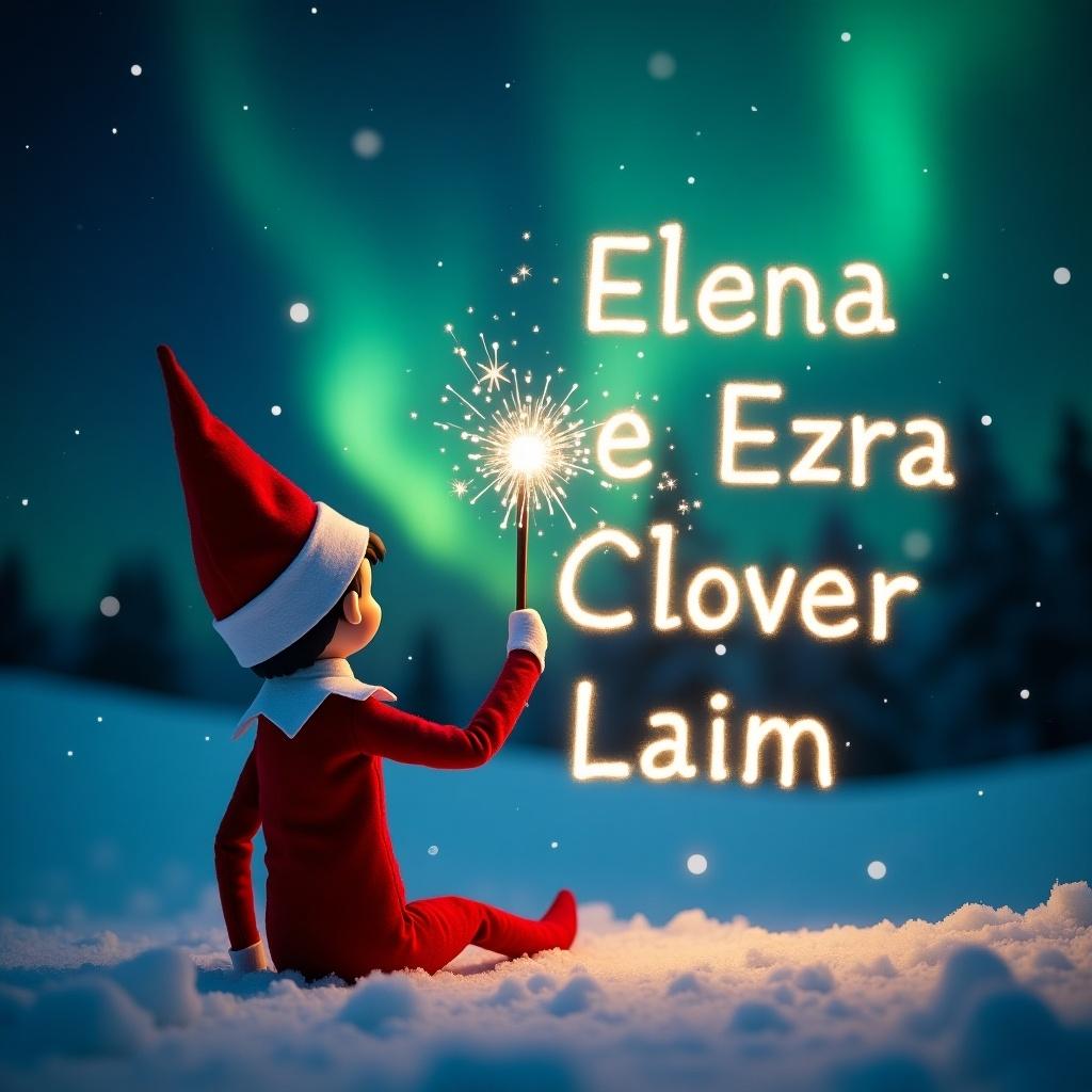 This image showcases an elf on the shelf positioned with its back to the viewer. The elf, dressed in a traditional red outfit, is facing up towards a beautiful dark sky filled with vibrant northern lights. With a magic wand in hand, it is elegantly writing the names Elena, Liam, Ezra, and Clover in sparkling letters against the backdrop. The snowy ground adds a serene touch to the magical scene. The overall atmosphere is filled with wonder and holiday joy, perfect for capturing the essence of Christmas.