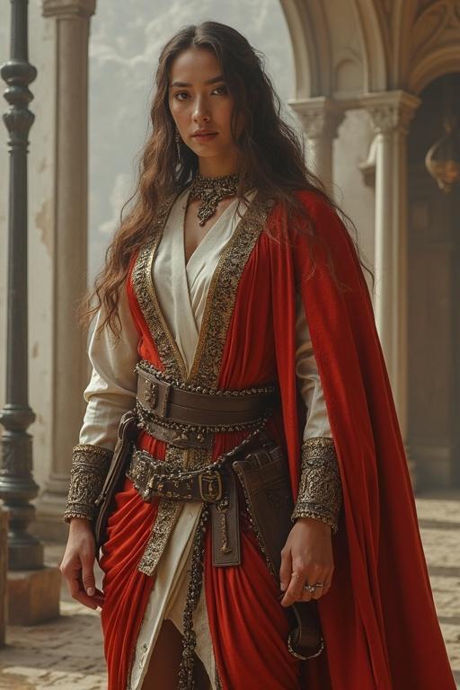 A woman in historical warrior attire. She wears a red cape and ornate traditional dress. She has long hair and stands in a spacious, architectural setting that enhances her presence.
