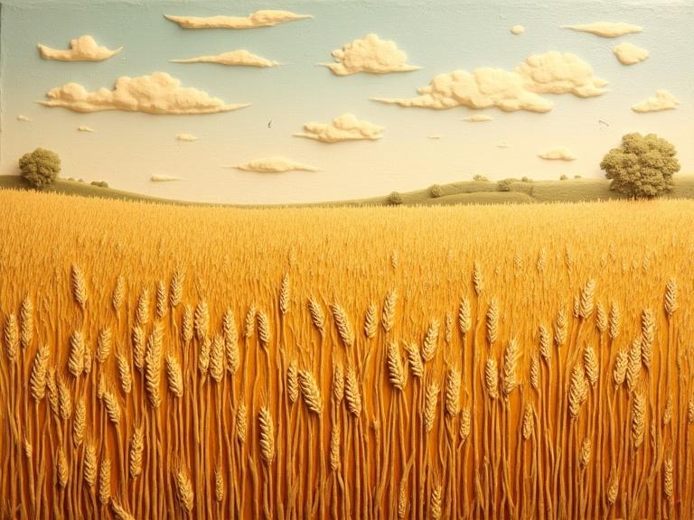 A golden wheat field depicted in textured clay relief. Wheat stalks appear distinct with raised surfaces. An expansive landscape under a clear blue sky, evoking tranquility and rustic charm. Emphasis on natural abundance and gentle movement. Hand-painted relief technique adds detail.
