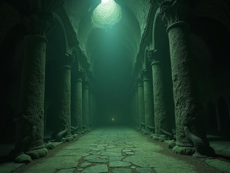 Dimly lit underground chamber massive stone pillars carved serpents shadows greenish glow ancient magic
