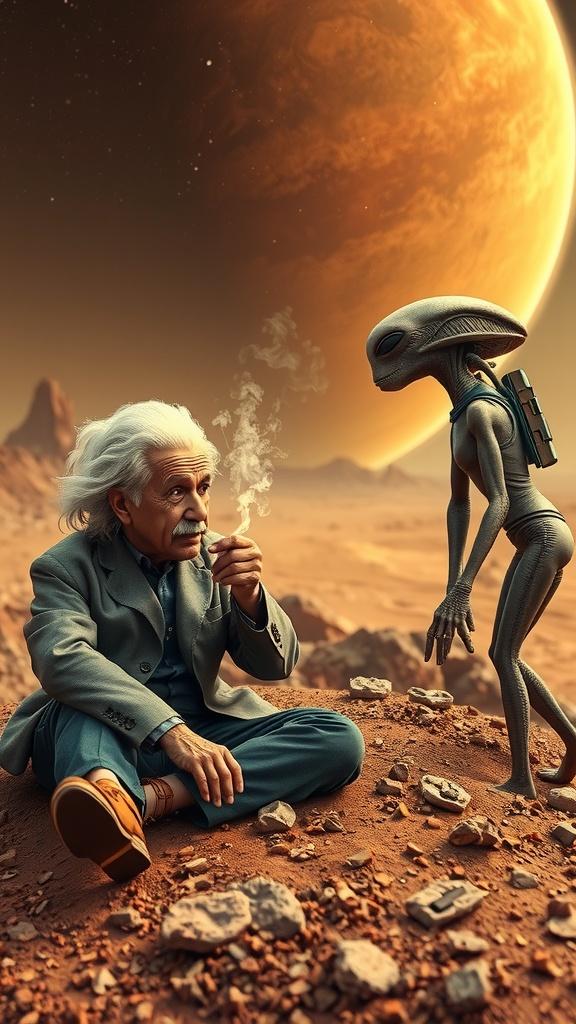 In a surreal desert landscape under a massive planetary body, a wise older man sits cross-legged, calmly smoking a pipe. Opposite him stands a small, humanoid alien with distinct features. The scene suggests a peaceful encounter between two beings from different worlds, engaging in a moment of understanding and connection.