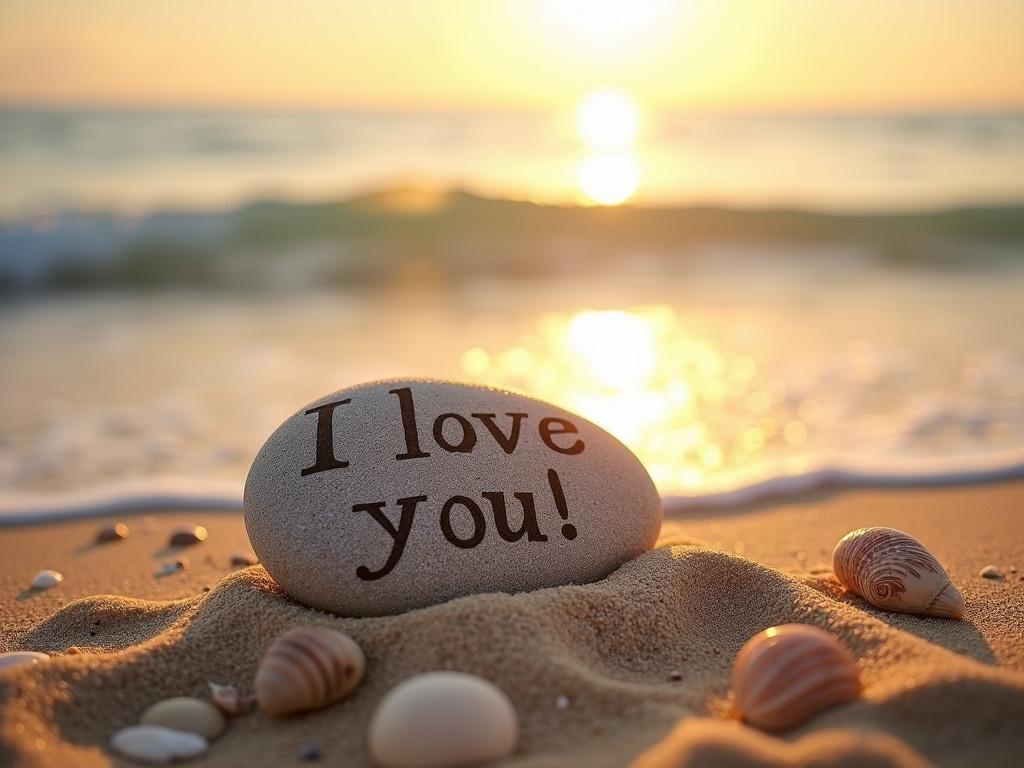 A cozy and romantic scene features a warm sunny beach. A stone is prominently displayed, intricately carved with the words "I love you!" The soft sand and gentle waves enhance the peaceful atmosphere. The sun glistens on the water, creating a picturesque backdrop. In the distance, seashells scatter along the shore, adding to the charm of the setting.