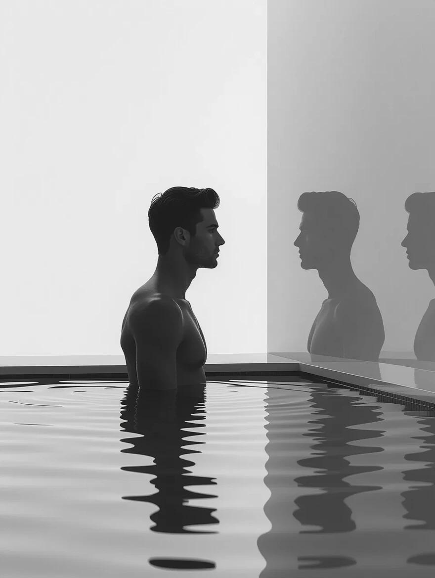 Minimal graphic design poster features silhouette of a man looking at reflection in pool. Background is clear with minimalistic elements. Image evokes a fashion editorial vibe with visual storytelling.