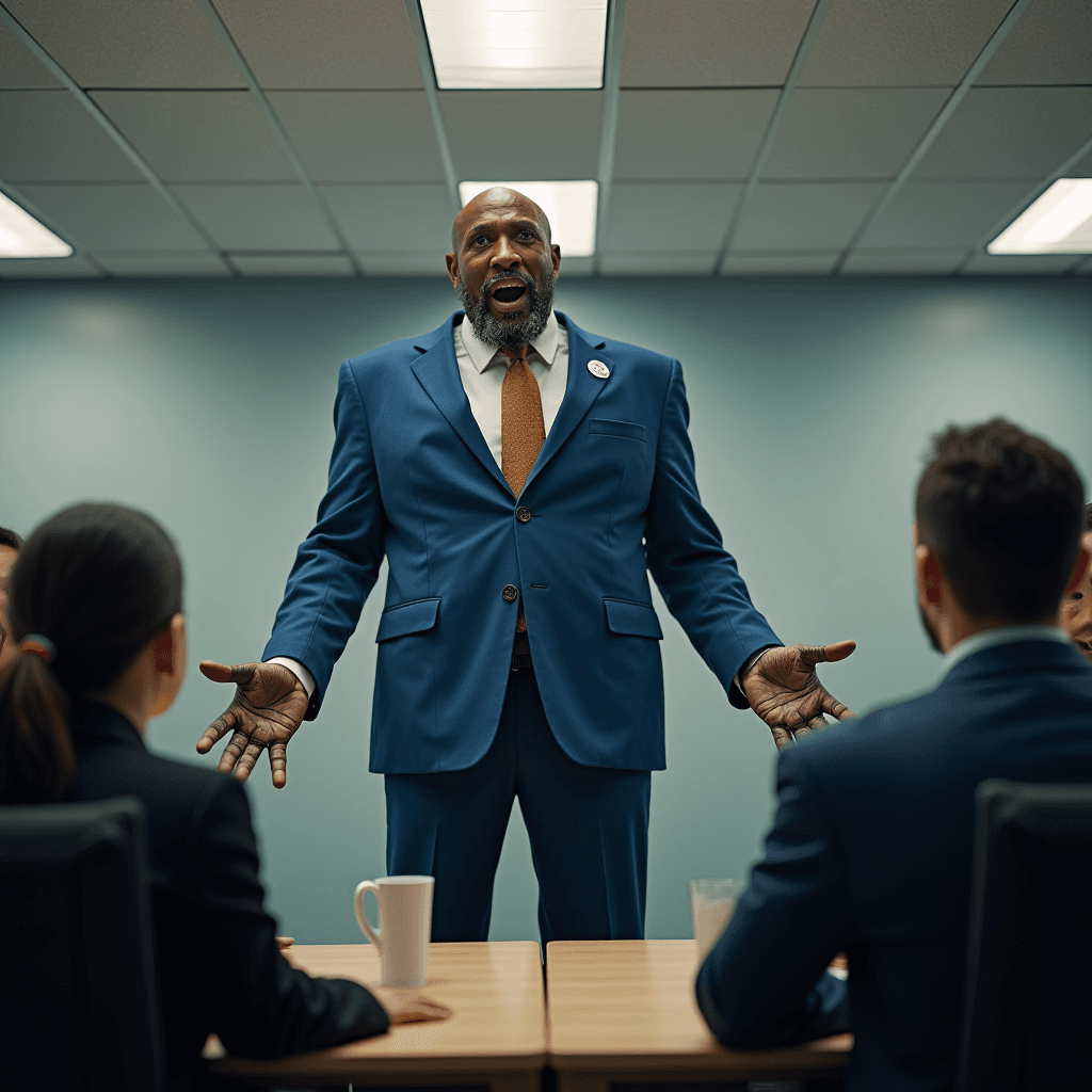 A man in a blue suit passionately speaks to an audience in a meeting room.