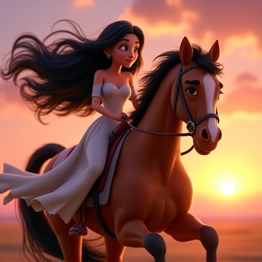 3D Disney Pixar rendered princess with black long curls riding brown horse. Horse has white streak on snout. Hair flowing in the wind during sunset with colorful sky.