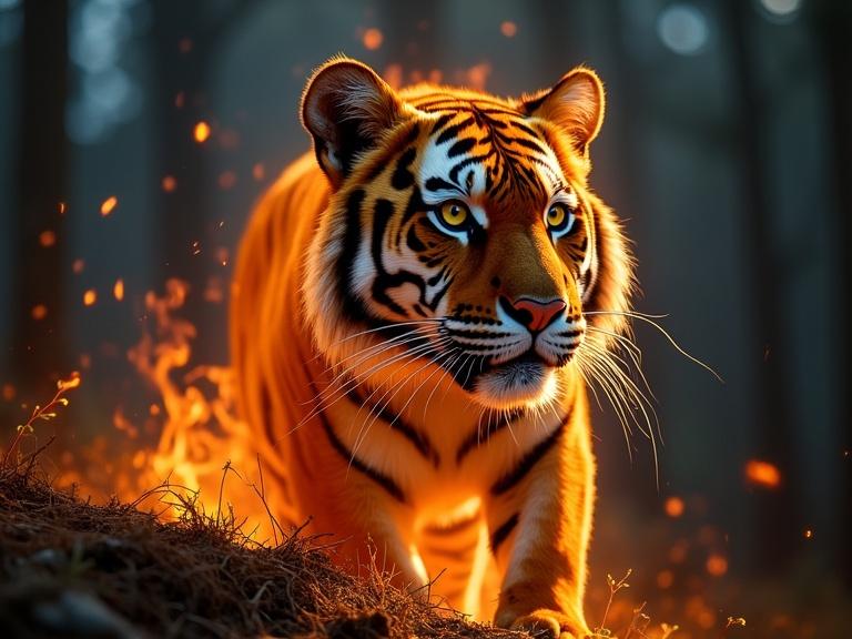 Tiger in a forest setting with glowing fire around it. The scene is dramatic and emphasizes the tiger's features.