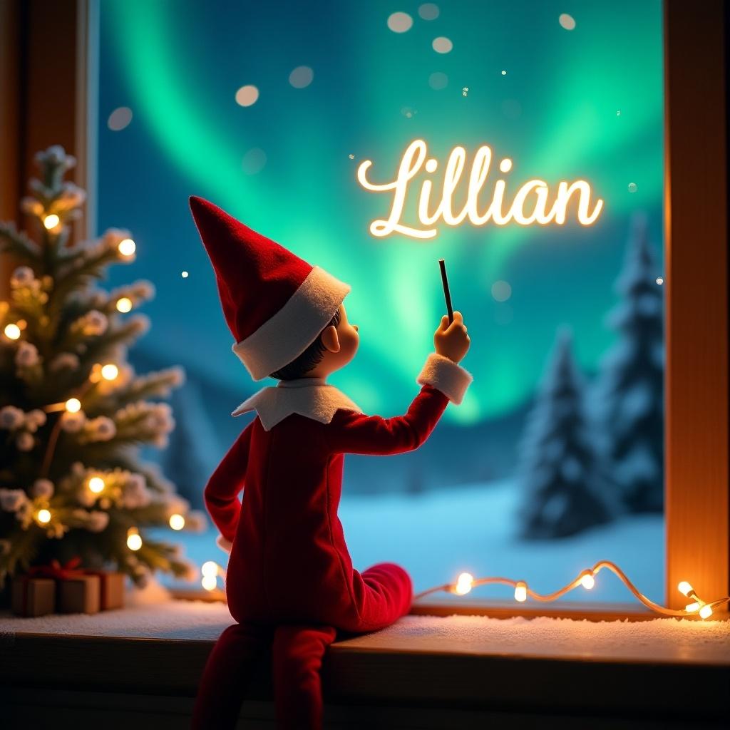 This image portrays an enchanting Christmas scene featuring an elf on the shelf, facing the vibrant northern lights. The elf is dressed in red and white, holding a magic wand and writing 'Lillian' in glowing script above him. The backdrop is filled with colorful northern lights, creating a magical atmosphere. The elf's posture and the soft glow evoke a sense of wonder and excitement, capturing the joy of the holiday season. The scene is festive and whimsical, perfect for conveying the spirit of Christmas.