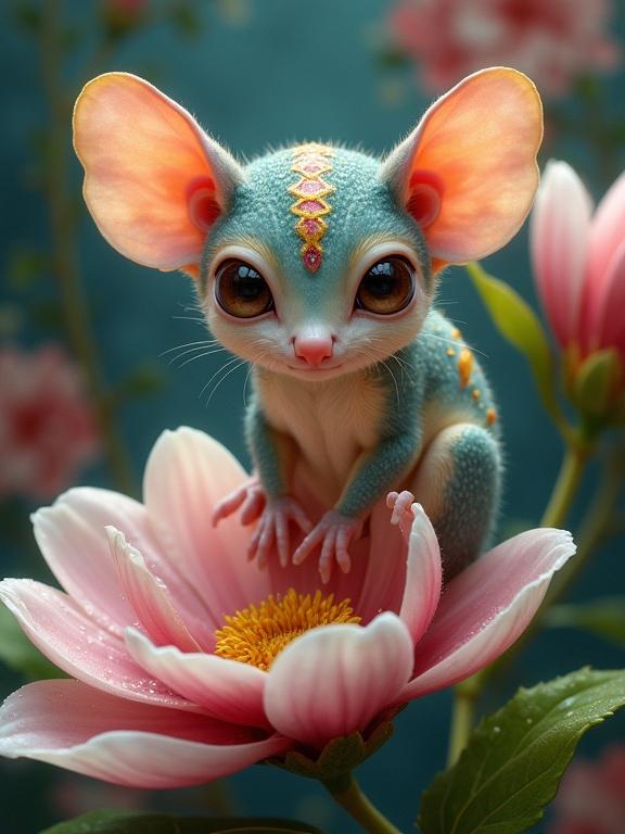 A cute fantasy creature with blue-green textured skin and large ears sits on a pink and white flower. The creature has expressive eyes, small limbs, and a round shape, surrounded by dewy petals and greenery. The background has floral patterns with a soft focus.