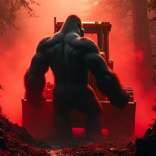 A large silverback gorilla pushes against a yellow CAT D8 bulldozer in a red jungle. It strains with both hands fully extended. Red fog and smoke fill the air. Sunlight beams through the trees, casting shadows. The scene is intense and photorealistic.