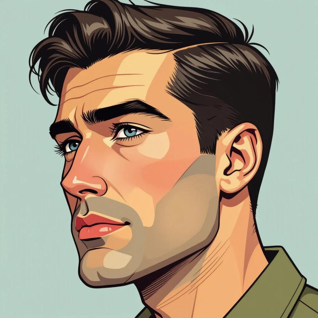 Portrait of a young man in semi-profile. Features include steel-gray eyes and dark brown hair. Hair styled in a messy crew cut reminiscent of late 1950s France. Prominent chin and wide mouth with thin lips. Image style is semi-realistic comic with heavy outlines.